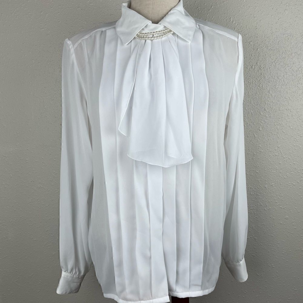 Vintage Laura & Jayme Collection White Button Down Ascot Shirt Size 12 EUC